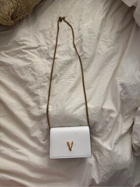 Versace White Leather Crossbody with Gold V Hardware